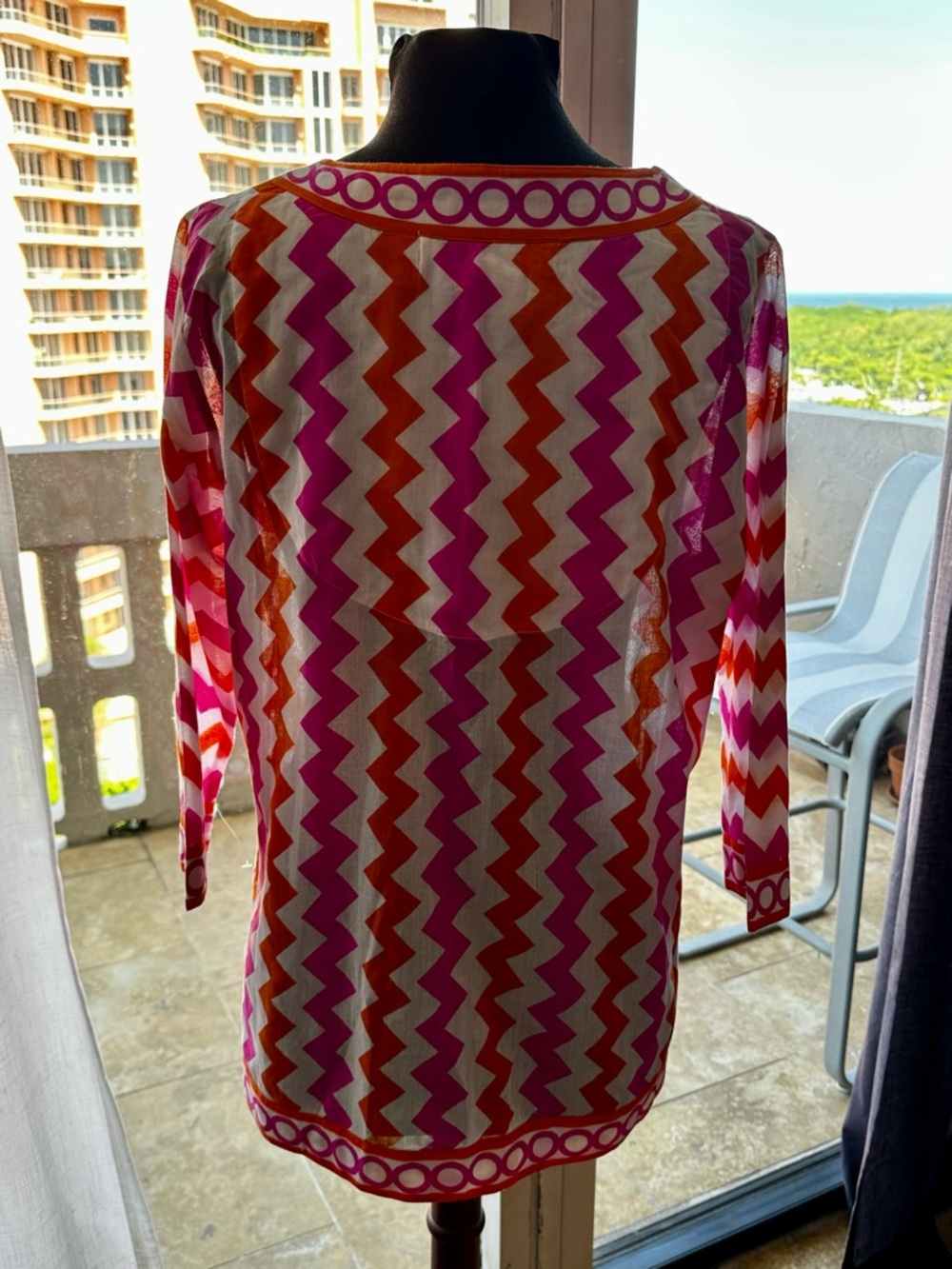 Gretchen Scott 100% Cotton Pink Orange Chevron 3/4 Sleeve Tunic Top Size M - Picture 5 of 7